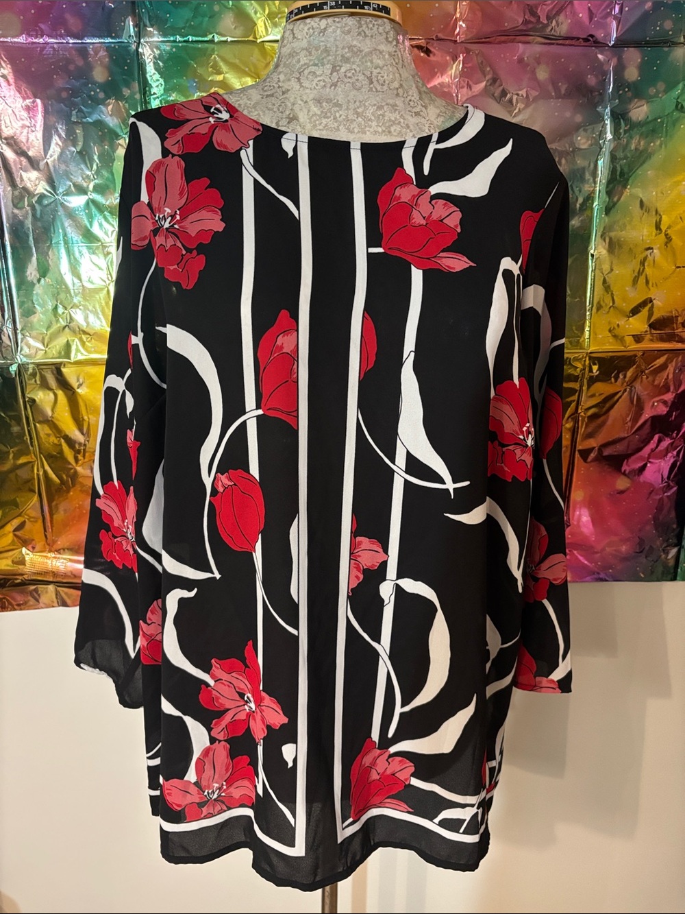 Liz Claiborne Black Tunic top  with Red Floral Print